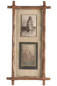Framed pair of Indian Cabinet Photographs. The top one is marked "Apache Medicine Robe" marked front
