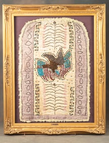Incredible vintage, large framed, Embroidered Silk Banner with glass beads and buttons done in a