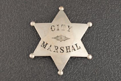 Vintage Silver Six-Point Ball Star Badge, marked "City Marshal", 2 1/2" across points. Hallmarked