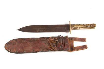 Early Spear Point Side Knife with stag grips. Blade is marked "Rio Grande Camp Knife", measures 9