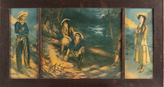 Antique framed tri-panel Western Lithograph of cowboy & cow girl, dated at lower right 1911, frame