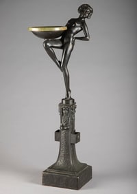 Heavy bronze figural Cigar Stand with green onyx removable ashtray that has small nick on outside