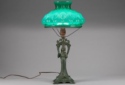 Antique Art Nouveau figural metal Table Lamp in original patina with 11" embossed cased glass shade,