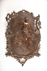 Beautiful antique bronze Wall Hanging Plaque in Art Nouveau style with semi-nude lady and cherubs at