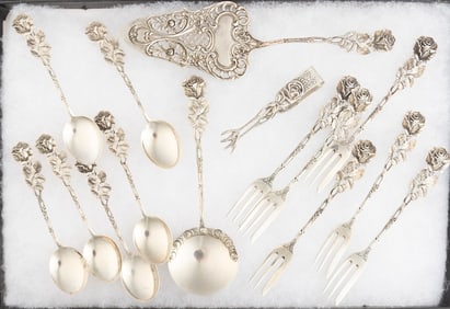 Beautiful partial set of Rose Hildesheimer Pattern Flatware, marked "800" silver, totaling 15