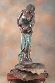 Near life-size Bronze Fountain, semi-nude woman pouring water into a shell, measures 4ft 10" T x 25"