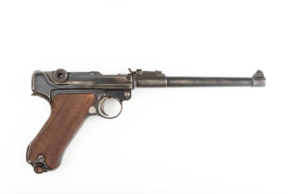 WWI German D.W.M. Artillery Luger, 8" barrel, 9 mm Parabellum caliber, SN 6310, chamber dated 1917,: WWI German D.W.M. Artillery Luger, 8" barrel, 9 mm Parabellum caliber, SN 6310, chamber dated 1917, good bore, all visible numbers match with the exception of the Bakelite magazine. Front strap is mar