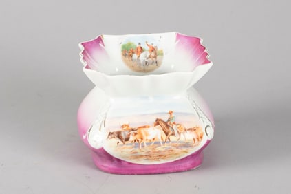 Very unusual, vintage porcelain Cowboy Spittoon, 6 1/4" T x 7 1/2" dia. with unique scene on front