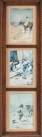 Antique frame with set of three Prints, marked by artist "C.M. Russell". Prints are titled "Just A