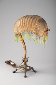 Antique Table Lamp with Armadillo Shade, circa 1920s, shade is mounted on footed cast iron base,