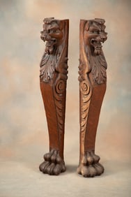 Massive pair of antique oak, lion head Columns in original finish and condition, measuring 44" T x