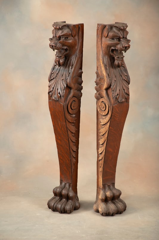 Massive pair of antique oak, lion head Columns in original finish and condition, measuring 44" T x: Massive pair of antique oak, lion head Columns in original finish and condition, measuring 44" T x 7" W. These columns have great architectural use. These two columns WILL BE SOLD AS ONE LOT. The Late