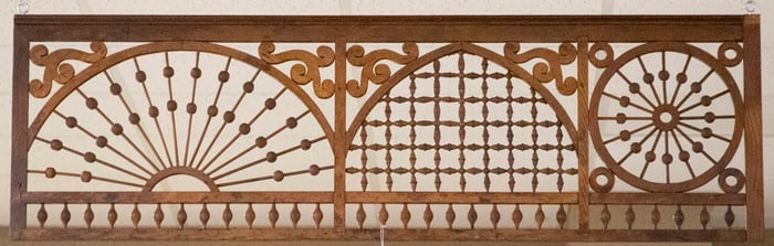 Antique oak stick and ball Fret Work, circa 1890s, measures 58 1/2" L x 18" T in original finish.