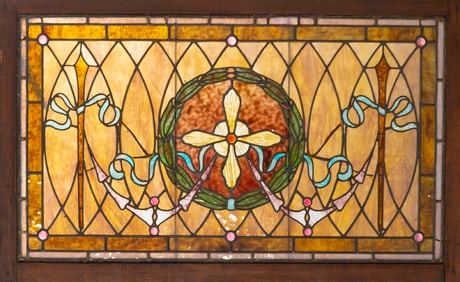 Antique leaded and stained glass, jeweled Victorian Window, circa 1890s, in very nice condition,