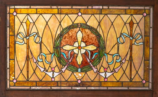Antique leaded and stained glass, jeweled Victorian Window, circa 1890s, in very nice condition,: Antique leaded and stained glass, jeweled Victorian Window, circa 1890s, in very nice condition, frame measures 42" W x 26" T. The Late C.W. & Marie Lyle Estate.
