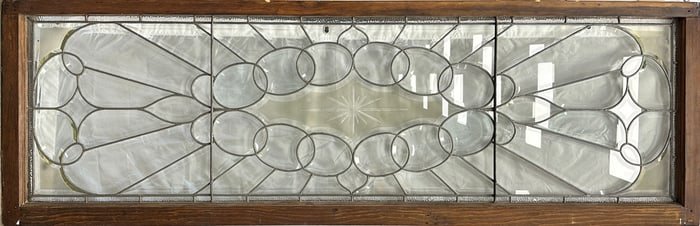 Beautiful antique beveled, leaded glass Transom Window, circa 1890s, with etched center, frame
