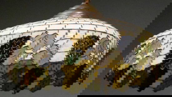 Antique leaded and stained glass hanging Dome Light Fixture, measures 24" Dia. x 12" D, in leaf and: Antique leaded and stained glass hanging Dome Light Fixture, measures 24" Dia. x 12" D, in leaf and grape pattern. The Late C.W. & Marie Lyle Estate.