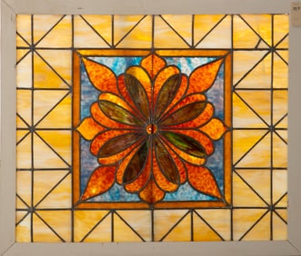 Antique stained and leaded glass Window with large jewel in center, circa 1890-1900, frame measures