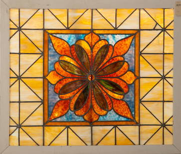 Antique stained and leaded glass Window with large jewel in center, circa 1890-1900, frame measures: Antique stained and leaded glass Window with large jewel in center, circa 1890-1900, frame measures 38" x 32 1/2".