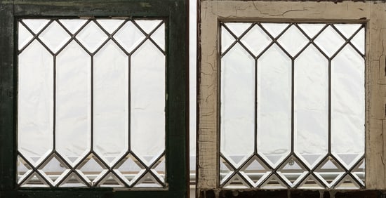A pair of antique leaded and beveled glass Windows in very good condition, frames 21 1/2" lx 20