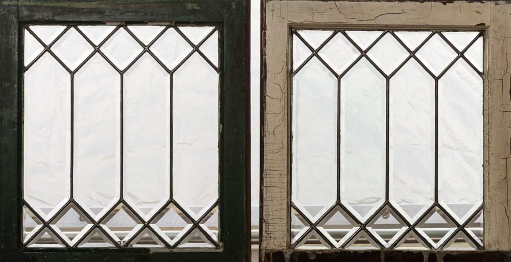 A pair of antique leaded and beveled glass Windows in very good condition, frames 21 1/2" lx 20: A pair of antique leaded and beveled glass Windows in very good condition, frames 21 1/2" lx 20 1/2"W.