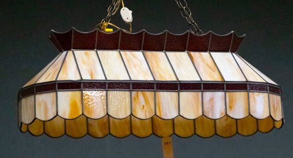 Leaded and stained glass Billiard Hanging Light Fixture, very good condition, measures 35" L x 13: Leaded and stained glass Billiard Hanging Light Fixture, very good condition, measures 35" L x 13 1/2" W x 11" D. The Late C.W. & Marie Lyle Estate.