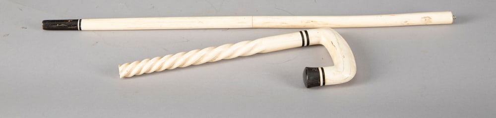 Carved 2 piece Cane, possibly bone with carved twisted shaft. When cane is put together it measures: Carved 2 piece Cane, possibly bone with carved twisted shaft. When cane is put together it measures 34" L. The Buddy King Collection.