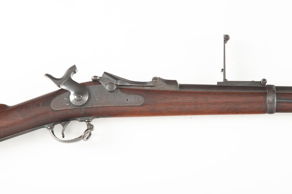 Antique U.S. Springfield Model 1884, Trap Door Rifle, .45/70 caliber, SN 291675, excellent original: Antique U.S. Springfield Model 1884, Trap Door Rifle, .45/70 caliber, SN 291675, excellent original blue finish, with unusual rear sights, 30" barrel. Overall very good condition. Equipped with its or