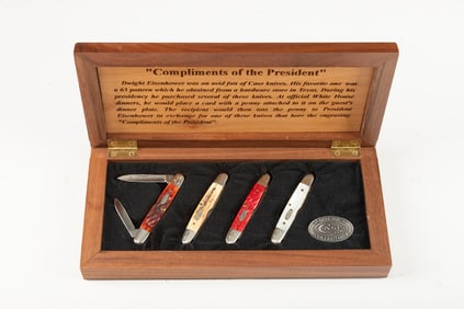 Cased Set of four Folding Pocket Knives made by Case marked "297/ Dwight Eisenhower". Marked on