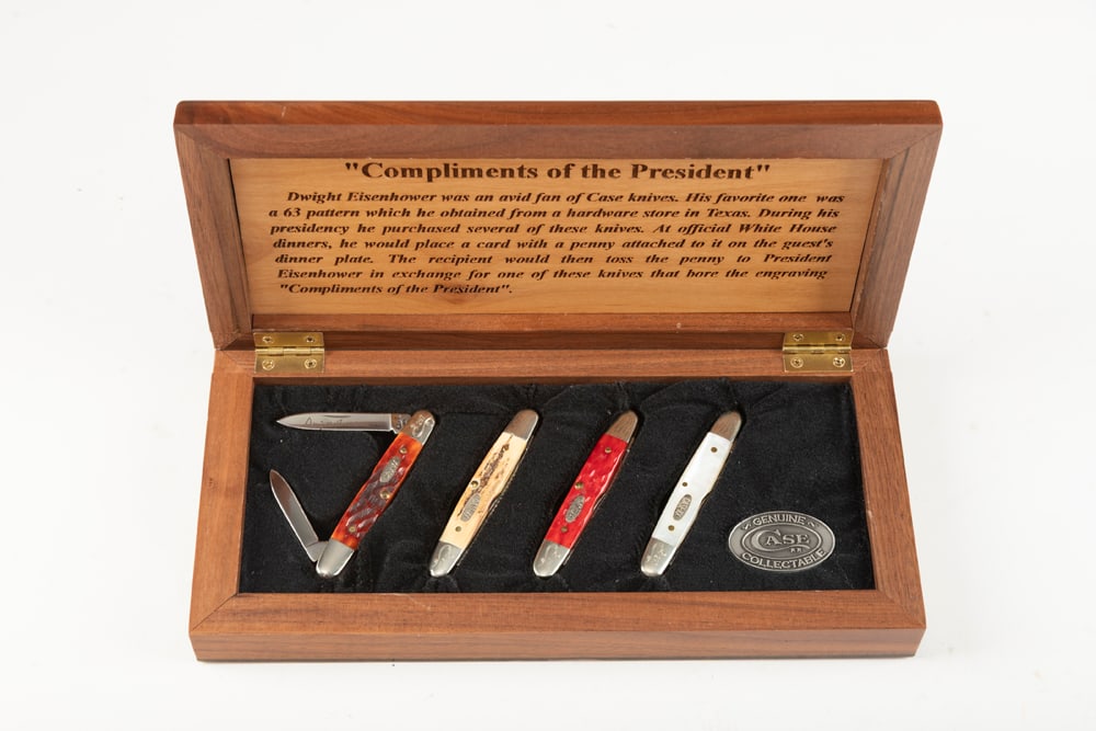 Cased Set of four Folding Pocket Knives made by Case marked "297/ Dwight Eisenhower". Marked on: Cased Set of four Folding Pocket Knives made by Case marked "297/ Dwight Eisenhower". Marked on wooden fitted box "Compliments of the President". There is a unique story behind these cased knives, ins