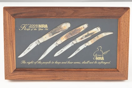 Cased Set of four Case Folding Pocket Knives, blade is marked "0288". Case is marked "2008 Friends
