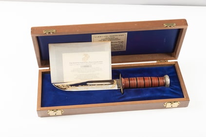 Beautiful K-A-BAR U.S.M.C. Fighting Knife. Blade is done in silver plate with gold finish and is