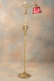 Fancy antique brass Floor Lamp, circa 1920s, in original finish and patina with 6 1/2" dia. frosted