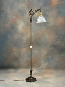 Antique brass and onyx Bridge Lamp, circa 1920s, with ornate goose neck crest, ornate 10" base, and