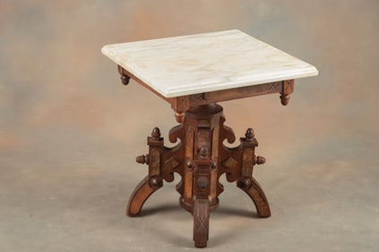 Unique small Victorian Table, circa 1890s, with revolving marble top, measures 19" T x 17 1/2" sq.