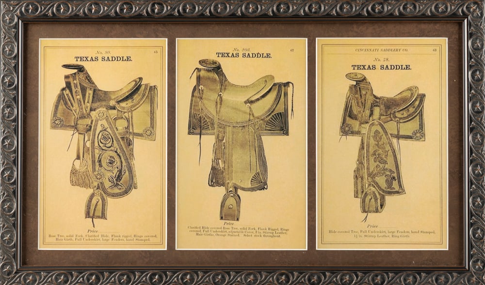 Framed Saddle Advertisement, three styles of Texas Saddles including the No. 80 Rose Tree; No. 203: Framed Saddle Advertisement, three styles of Texas Saddles including the No. 80 Rose Tree; No. 203 Clarified Hide covered Rose Tree, No. 78 Hide covered Tree. These were originally from a Saddle Catal