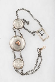 Vintage Silver Watch Chain, 16" L with 1 1/4" silver concho in center with raised gold horse head,