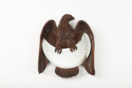 Vintage wooden hand carved wall hanging crescent shaped beveled Mirror, eagle has 9 1/2" wing spread