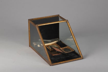 Antique metal and glass, country store Table Model Showcase and contents, case measures 11 1/2" L x