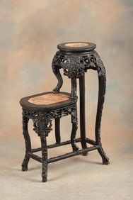 Most unusual oriental, carved teakwood two tiered Plant Stand with inlaid marble top, measures 32" T