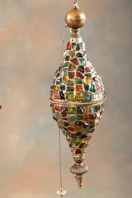 Unusual vintage, leaded & stained glass Hallway Hanging Fixture in brass frame, heavy jeweled