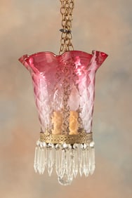 Beautiful vintage Hallway Hanging Fixture with fluted cranberry to clear shade , measures 10" L