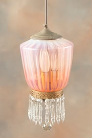 Unique vintage Hallway Hanging Fixture with pink to clear 7" reeded shade, measures 7" dia. at top.