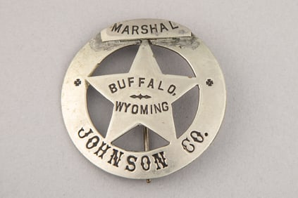 Large vintage Circle Star Badge with 5-point cut out star, marked "Marshal/Buffalo, Wyoming/Johnson