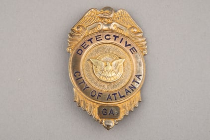 Vintage gold tone Badge with bald eagle crest marked "Detective/City of Atlanta/Ga.". Beautifully