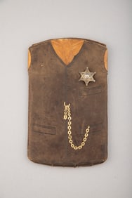 Unique vintage leather, two tone Pocket Protector with three dividers, shaped like a leather vest