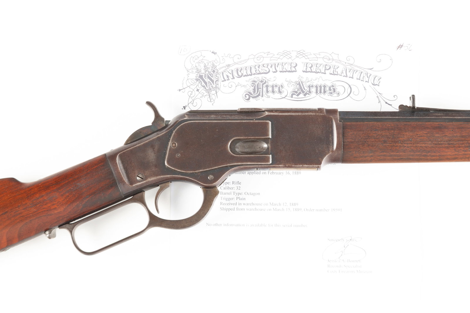 Antique Winchester, Model 1873, Lever Action Rifle with Letter that states: SN 292414. Type: Rifle.: Antique Winchester, Model 1873, Lever Action Rifle with Letter that states: SN 292414. Type: Rifle. Caliber: .32 (AKA .32/20). Barrel Type: Octagon. Trigger: Plain. Received in Warehouse: March 12, 18