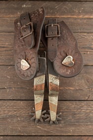 Pair of "J. O. Bass, Tulia, Tex." marked single mounted Spurs, #1074, in engraved copper and silver