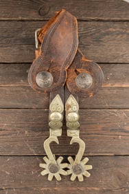 Pair of inside marked "O. Crockett", double mounted Spurs, #127, sold with vintage fragile two-piece