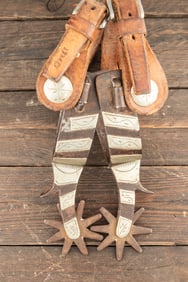 Pair of inside marked "O. Crockett", single mounted Spurs, #221, with chap guards, sold with very